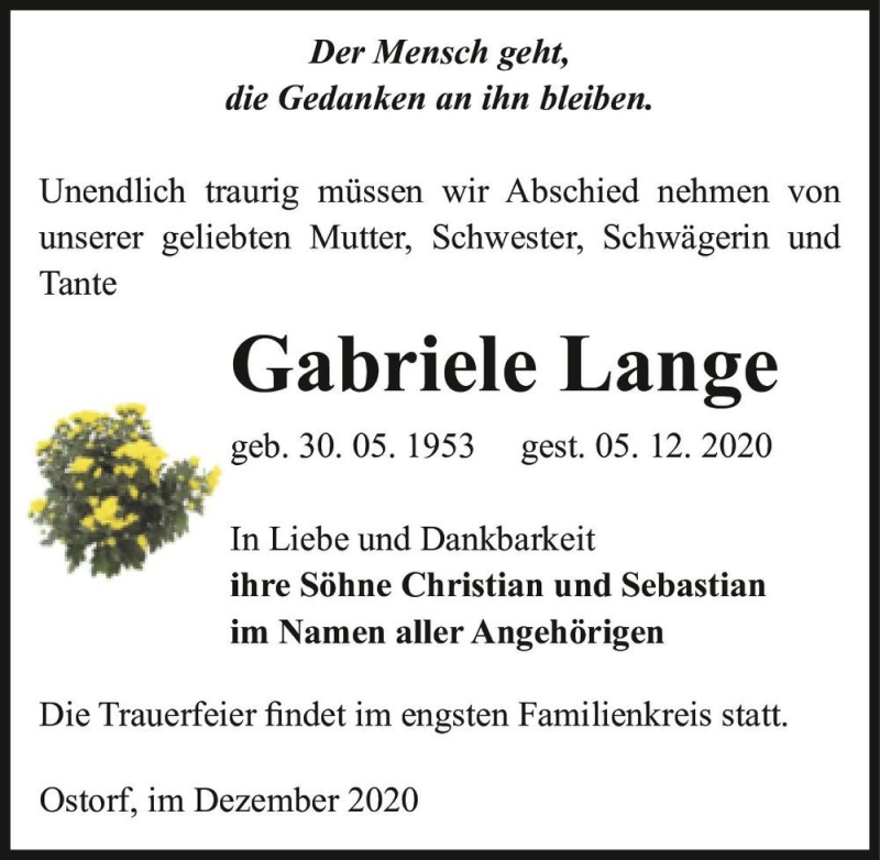  Traueranzeige für Gabriele Lange  vom 19.12.2020 aus Magdeburger Volksstimme