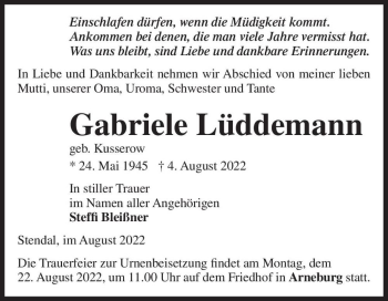Traueranzeige von Gabriele Lüddemann (geb. Kusserow)  von Magdeburger Volksstimme