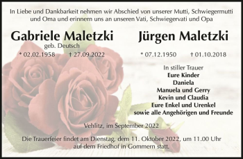 Traueranzeige von Gabriele Maletzki (geb. Deutsch) & Jürgen Maletzki  von Magdeburger Volksstimme