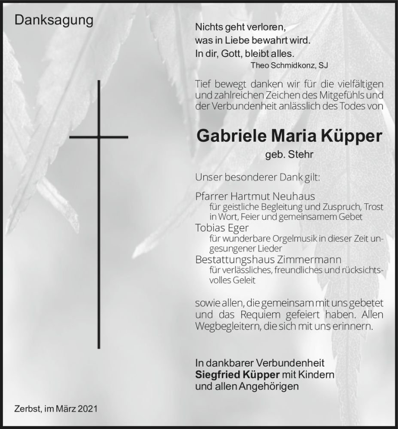  Traueranzeige für Gabriele Maria Küpper (geb. Stehr)  vom 27.03.2021 aus Magdeburger Volksstimme