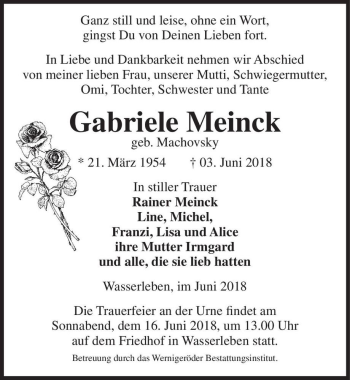 Traueranzeige von Gabriele Meinck (geb. Machovsky)  von Magdeburger Volksstimme