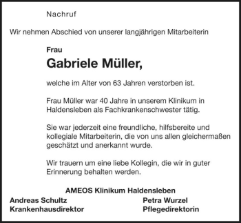 Traueranzeige von Gabriele Müller  von Magdeburger Volksstimme