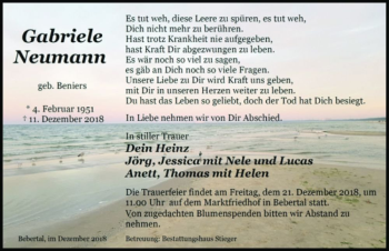 Traueranzeige von Gabriele Neumann (geb. Beniers)  von Magdeburger Volksstimme