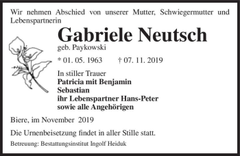 Traueranzeige von Gabriele Neutsch (geb. Paykowski)  von Magdeburger Volksstimme