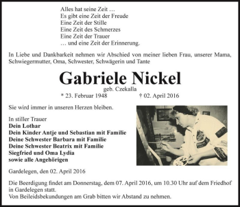 Traueranzeige von Gabriele Nickel (geb. Czekalla)  von Magdeburger Volksstimme