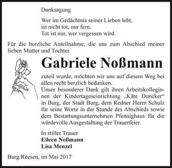 Traueranzeige von Gabriele Noßmann  von Magdeburger Volksstimme