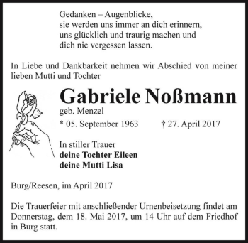 Traueranzeige von Gabriele Noßmann (geb. Menzel)  von Magdeburger Volksstimme