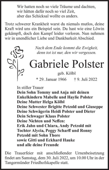Traueranzeige von Gabriele Polster (geb. Kölbl)  von Magdeburger Volksstimme