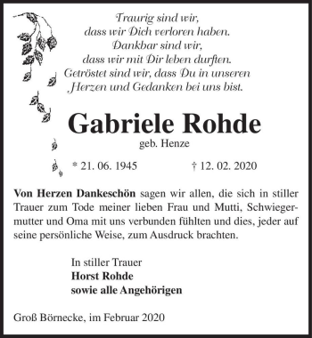 Traueranzeige von Gabriele Rohde (geb. Henze)  von Magdeburger Volksstimme