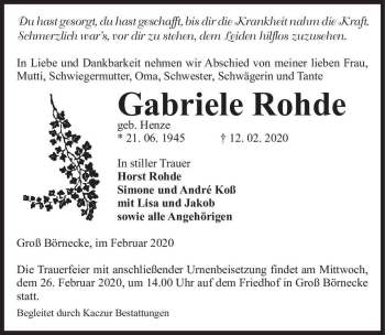 Traueranzeige von Gabriele Rohde (geb. Henze)  von Magdeburger Volksstimme