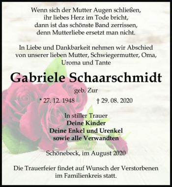Traueranzeige von Gabriele Schaarschmidt (geb. Zur)  von Magdeburger Volksstimme