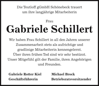 Traueranzeige von Gabriele Schillert  von Magdeburger Volksstimme
