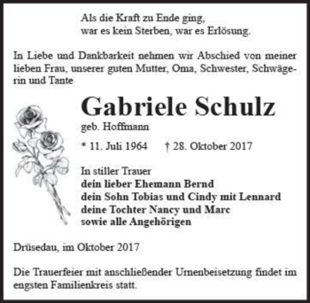 Traueranzeige von Gabriele Schulz (geb. Hoffmann)  von Magdeburger Volksstimme
