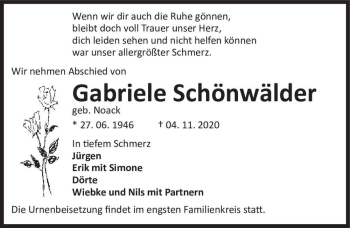 Traueranzeige von Gabriele Schönwälder (geb. Noack)  von Magdeburger Volksstimme