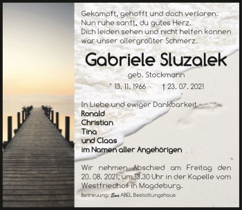 Traueranzeige von Gabriele Sluzalek (geb. Stockmann)  von Magdeburger Volksstimme