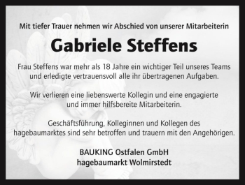 Traueranzeige von Gabriele Steffens  von Magdeburger Volksstimme