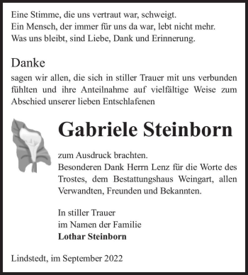Traueranzeige von Gabriele Steinborn  von Magdeburger Volksstimme