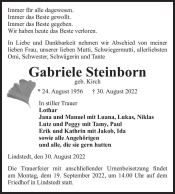 Traueranzeige von Gabriele Steinborn (geb. Kirch)  von Magdeburger Volksstimme