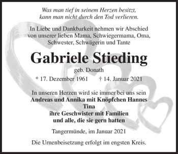 Traueranzeige von Gabriele Stieding (geb. Donath)  von Magdeburger Volksstimme