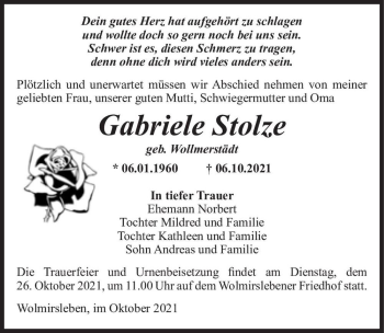 Traueranzeige von Gabriele Stolze (geb. Wollmerstädt)  von Magdeburger Volksstimme