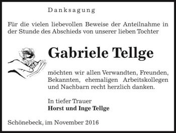 Traueranzeige von Gabriele Tellge  von Magdeburger Volksstimme