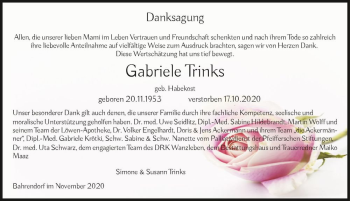 Traueranzeige von Gabriele Trinks (geb. Habekost)  von Magdeburger Volksstimme