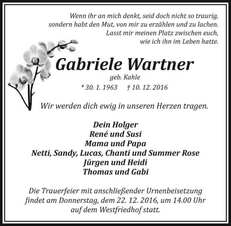  Traueranzeige für Gabriele Wartner (geb. Kahle)  vom 17.12.2016 aus Magdeburger Volksstimme