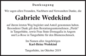 Traueranzeige von Gabriele Wedekind  von Magdeburger Volksstimme