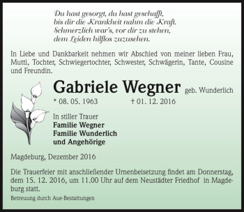 Traueranzeige von Gabriele Wegner (geb. Wunderlich)  von Magdeburger Volksstimme