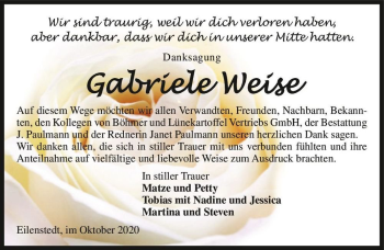 Traueranzeige von Gabriele Weise  von Magdeburger Volksstimme