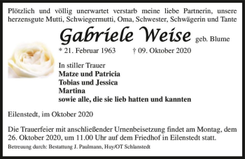 Traueranzeige von Gabriele Weise (geb. Blume)  von Magdeburger Volksstimme