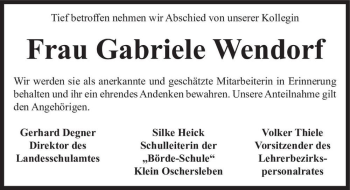 Traueranzeige von Gabriele Wendorf  von Magdeburger Volksstimme