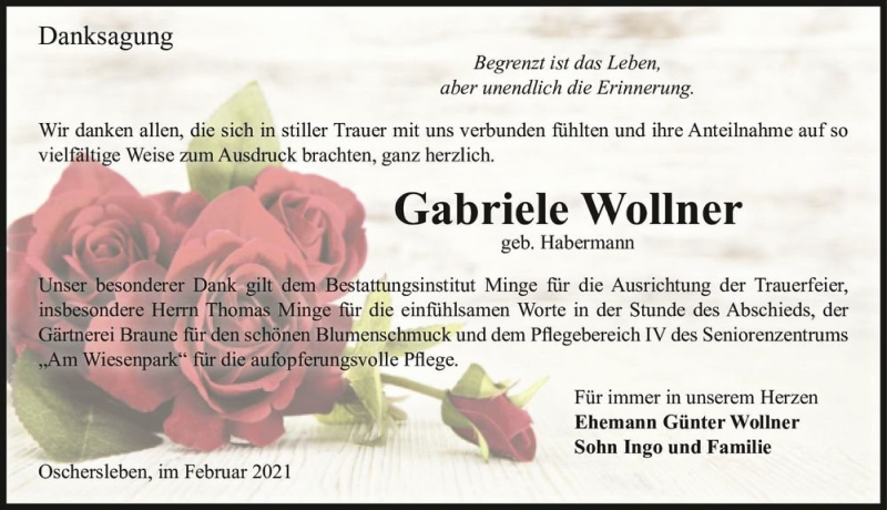  Traueranzeige für Gabriele Wollner (geb. Habermann)  vom 24.02.2021 aus Magdeburger Volksstimme