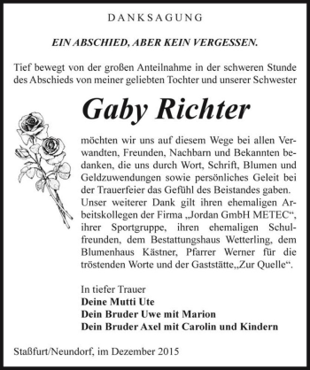 Traueranzeige von Gaby Richter  von Magdeburger Volksstimme