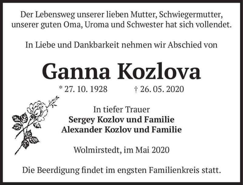  Traueranzeige für Ganna Kozlova  vom 30.05.2020 aus Magdeburger Volksstimme
