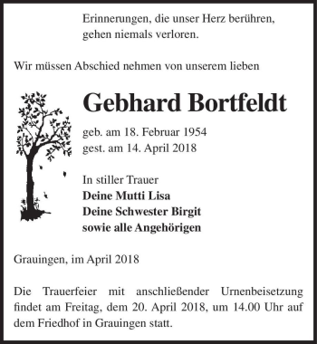 Traueranzeige von Gebhard Bortfeldt  von Magdeburger Volksstimme