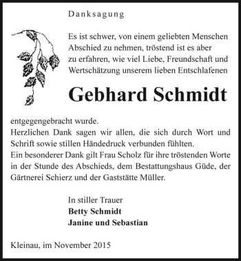Traueranzeige von Gebhard Schmidt  von Magdeburger Volksstimme