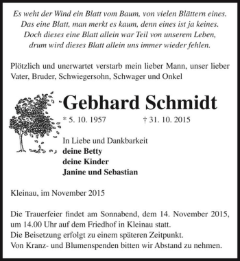 Traueranzeige von Gebhard Schmidt  von Magdeburger Volksstimme