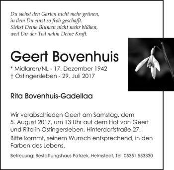 Traueranzeige von Geert Bovenhuis  von Magdeburger Volksstimme