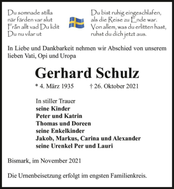 Traueranzeige von Gehard Schulz  von Magdeburger Volksstimme