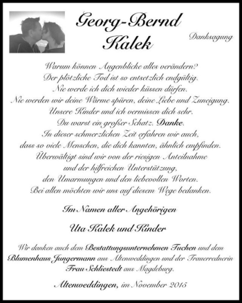 Traueranzeige von Georg-Bernd Kalek  von Magdeburger Volksstimme