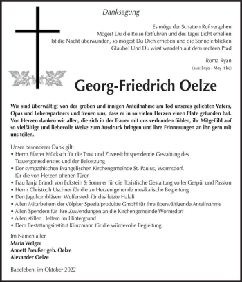 Traueranzeige von Georg-Friedrich Oelze  von Magdeburger Volksstimme