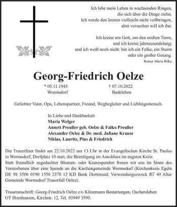 Traueranzeige von Georg-Friedrich Oelze  von Magdeburger Volksstimme