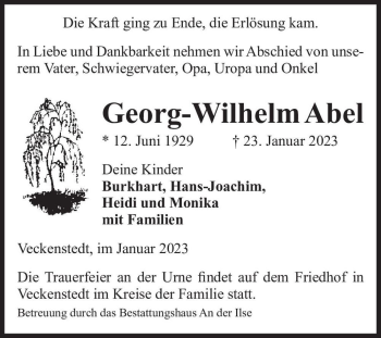 Traueranzeige von Georg-Wilhelm Abel  von Magdeburger Volksstimme