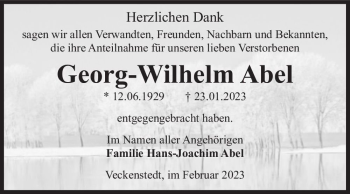 Traueranzeige von Georg-Wilhelm Abel  von Magdeburger Volksstimme