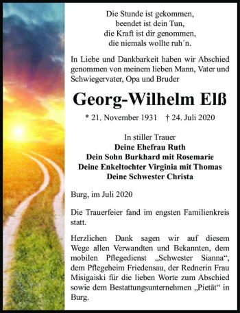 Traueranzeige von Georg-Wilhelm Elß  von Magdeburger Volksstimme