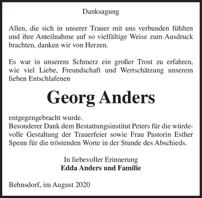  Traueranzeige für Georg Anders  vom 29.08.2020 aus Magdeburger Volksstimme