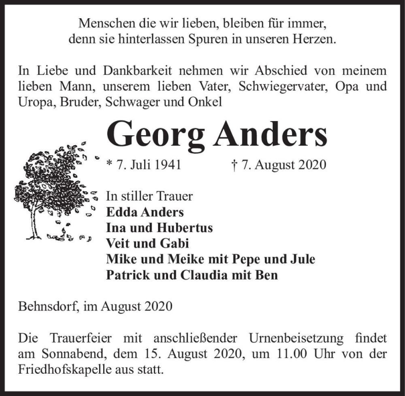  Traueranzeige für Georg Anders  vom 11.08.2020 aus Magdeburger Volksstimme