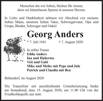 Traueranzeige von Georg Anders  von Magdeburger Volksstimme