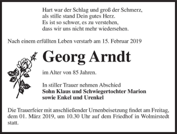 Traueranzeige von Georg Arndt  von Magdeburger Volksstimme
